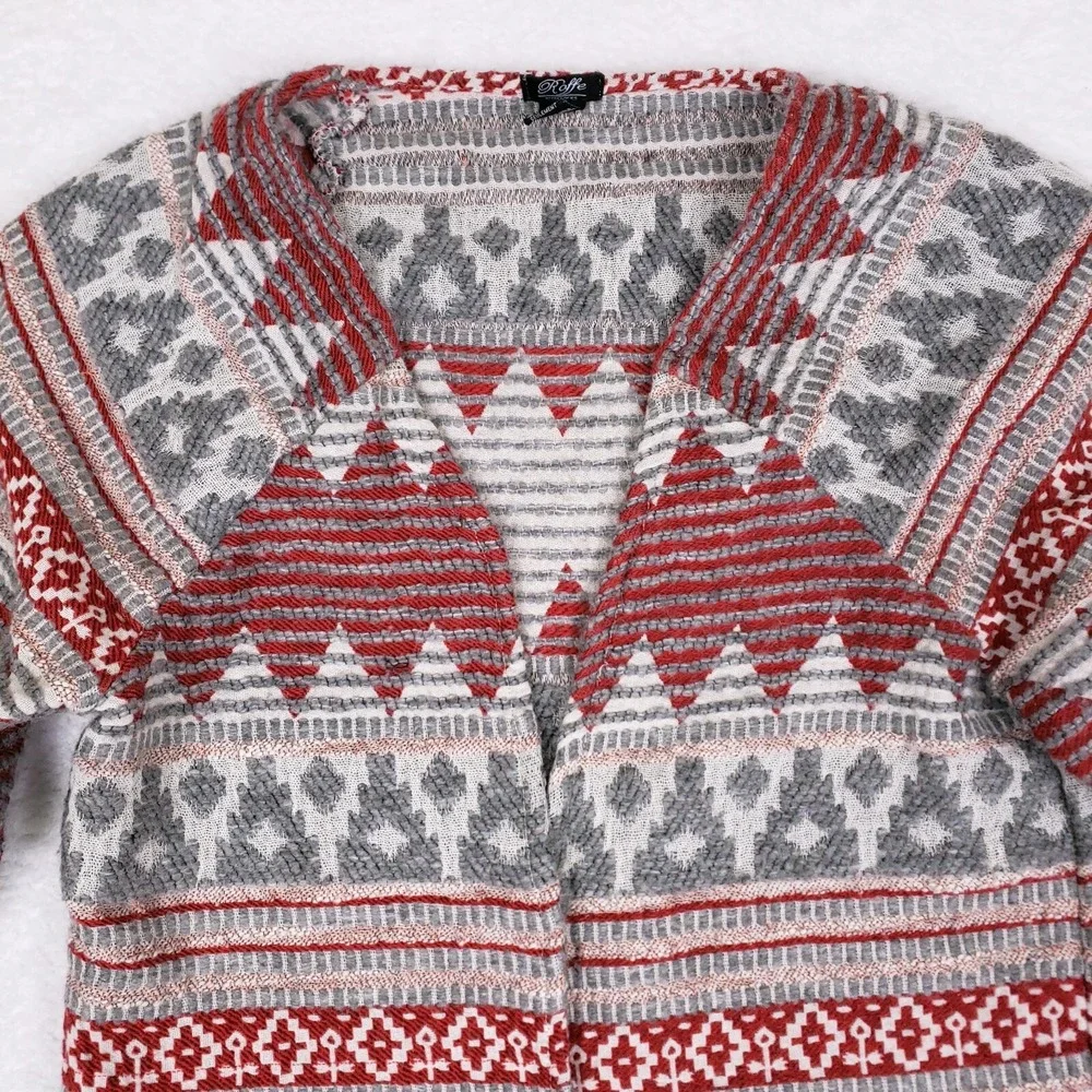 Roffe Fringe Cardigan Jacket Red Gray Fair Isle Boho Wool Blend Sweater Coat M‎